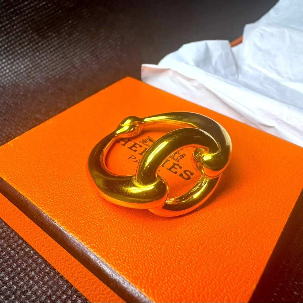 Hermès Horsebit Filet d’Or Scarf Ring Gold Plated 05 Rare Slide W Box Authentic - Picture 6 of 11